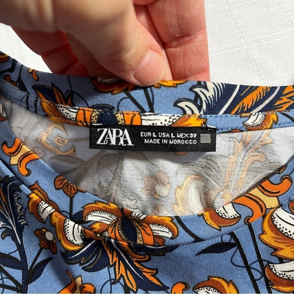 Zara Blue and Orange Floral Ruffle Peplum Top 100% Cotton Cottagecore Large - Picture 5 of 7